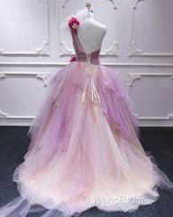 Puffy One Shoulder Sleeveless Tulle Evening Prom Dress with Flowers, Ruffles Quinceanera Dress