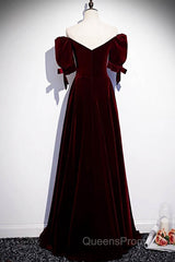 Modest Burgundy Long Evening Prom Dress with Short Sleeves Vintage Evening Gown