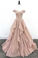 Organza Lace Off Shoulder A-line Cheap Long Prom Dresses