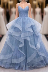 Shiny Blue Tulle A-Line Spaghetti Straps Long Evening Prom Dress