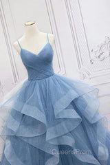 Shiny Blue Tulle A-Line Spaghetti Straps Long Evening Prom Dress