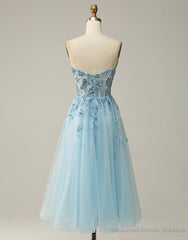 Sky Blue A-Line Tea Length Strapless Party Dress With Beading