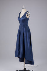 A Line Formal Satin V Neck High-Low Evening Prom Dress