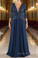 Navy V-Neck Long Sleeves Lace Appliques Chiffon Evening Prom Dress