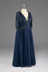 Navy V-Neck Long Sleeves Lace Appliques Chiffon Evening Prom Dress