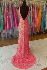 V neck Sequin Mermaid Long Evening Prom Dress