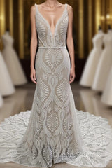 Elegant Spaghetti Straps V Neck Mermaid Lace Wedding Dress