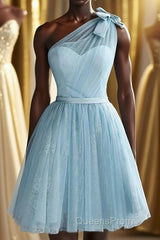 One Shoulder Blue Homecoming Dress With Bowknot