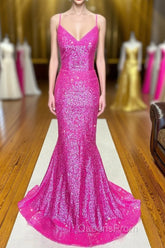 Fuchsia Mermaid Backless Sequined Evening Prom Dress