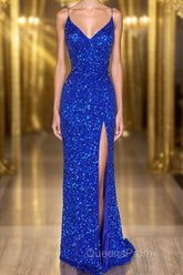 Mermaid Spaghetti Straps Royal Blue Sequins Long Evening Prom Dress
