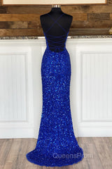 Mermaid Spaghetti Straps Royal Blue Sequins Long Evening Prom Dress