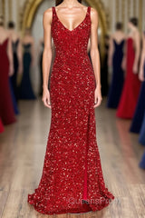 Sheath Spaghetti Straps Red Sequins Evening Prom Dress with Split Front