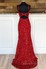 Sheath Spaghetti Straps Red Sequins Evening Prom Dress with Split Front