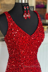Sheath Spaghetti Straps Red Sequins Evening Prom Dress with Split Front