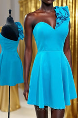 A Line One Shoulder Blue Short Homecoming Dress