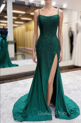 Mermaid Spaghettti Straps Dark Green Sequins Long Evening Prom Dress with Split Front