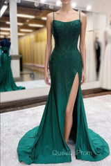 Mermaid Spaghettti Straps Dark Green Sequins Long Evening Prom Dress with Split Front