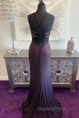 Dark Purple Lace-Up Back Mermaid Evening Prom Dress with Beading