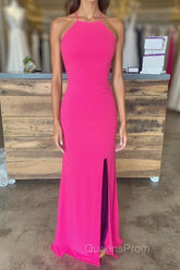 Sheath Halter Hot Pink Long Evening Prom Dress with Silt
