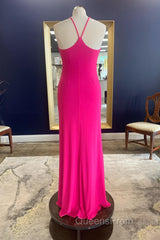Sheath Halter Hot Pink Long Evening Prom Dress with Silt