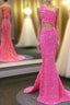 Hot Pink One Shoulder Sequins Evening Prom Dress with Slit