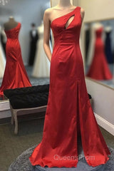 Mermaid One Shoulder Red Long Evening Prom Dress with Keyhole