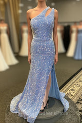 Light Blue One Shoulder Cut-Out Mermaid Long Evening Prom Dress with Fringes