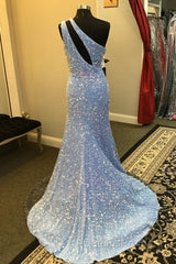 Light Blue One Shoulder Cut-Out Mermaid Long Evening Prom Dress with Fringes