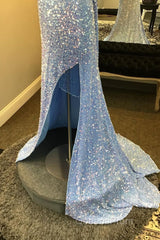 Light Blue One Shoulder Cut-Out Mermaid Long Evening Prom Dress with Fringes