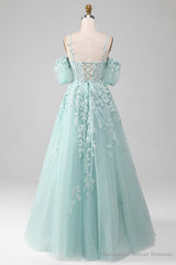 Mint A Line Tulle Off the Shoulder Lace Up Long Prom Dress With Appliques