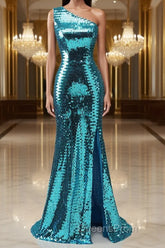 Sparkly Blue Sequins One Shoulder Long Evening Prom Dress with Slit