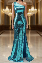 Sparkly Blue Sequins One Shoulder Long Evening Prom Dress with Slit