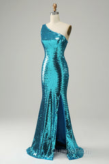 Sparkly Blue Sequins One Shoulder Long Evening Prom Dress with Slit