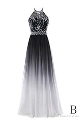 Classy Black And White Halter Lace Up Long Beaded Prom Dress