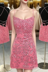 Coral Short Tight Homecoming Dress with Lace Beading