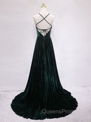 A-Line Backless Green Velvet Long Evening Prom Dress, Green Evening Dress