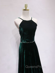 A-Line Backless Green Velvet Long Evening Prom Dress, Green Evening Dress