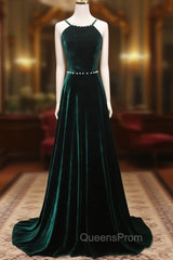 A-Line Backless Green Velvet Long Evening Prom Dress, Green Evening Dress