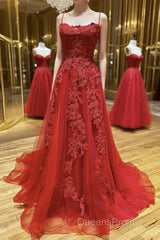 A Line Backless Red Lace Long Evening Prom Dress, Long Red Lace Formal Dress, Red Evening Dress