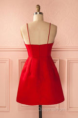 A Line Backless Short Red Evening Prom Dress, Short Red Satin Homecoming Graduation Dress, Red Formal Dress