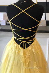 A Line Backless Yellow Lace Floral Long Evening Prom Dress with High Slit, Open Back Yellow Lace Formal Dress, Yellow Lace Evening Dress