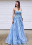 A-line Bateau Court Train Lace Prom Dresses With Appliqued