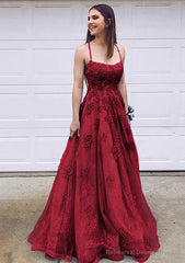 A-line Bateau Court Train Lace Prom Dresses With Appliqued