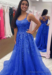 A-line Bateau Court Train Tulle Glitter Prom Dresses With Appliqued Beading