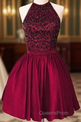 A-Line Beaded Halter Keyhole Back Satin Homecoming Dress Short