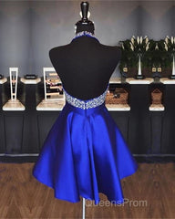 A-line Beaded Halter Satin Evening Prom Dress Short Open Back Homecoming Dress