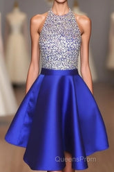 A-line Beaded Halter Satin Evening Prom Dress Short Open Back Homecoming Dress