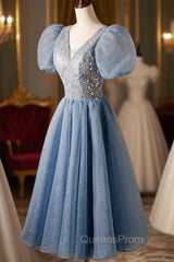 A-Line Beaded Short Evening Prom Dress, Cute Short Sleeve Homecoming Party Dress