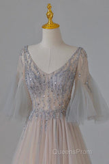 A-Line Beaded V-Neckline Tulle Formal Dress, Puffy Sleeves Long Evening Prom Dress