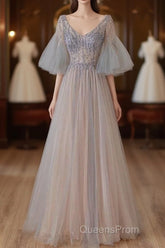 A-Line Beaded V-Neckline Tulle Formal Dress, Puffy Sleeves Long Evening Prom Dress
